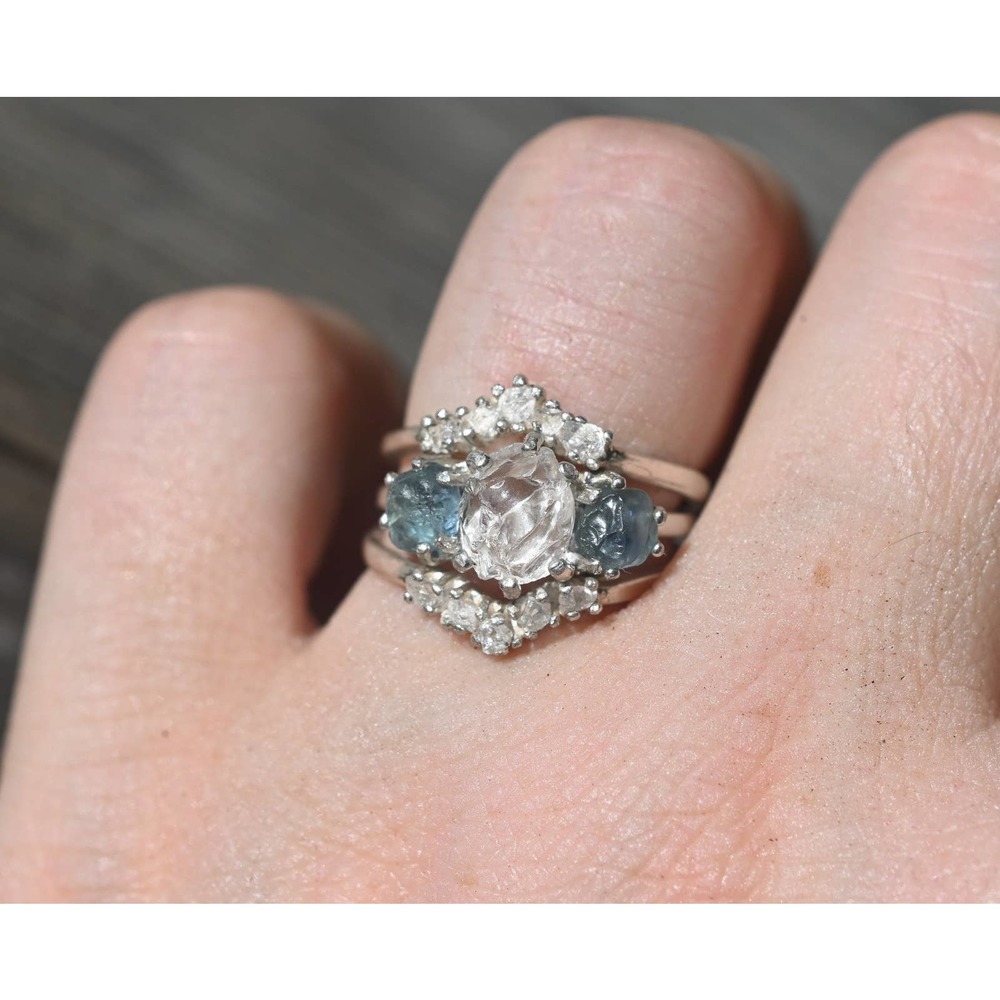 Sapphire engagement ring set, raw stone ring, alternative engagement ring
